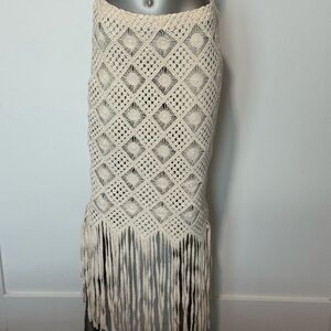 L'AGENCE Cream Crochet Maxi Skirt with Fringe